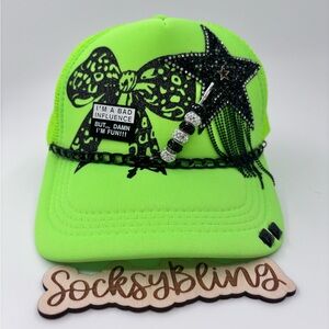 Neon GreenTrucker Hat with Bedazzled Black Star and Glitter Leopard Bow